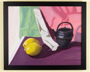Charcoal still life containing a piece of fruit next to cylindrical objects 